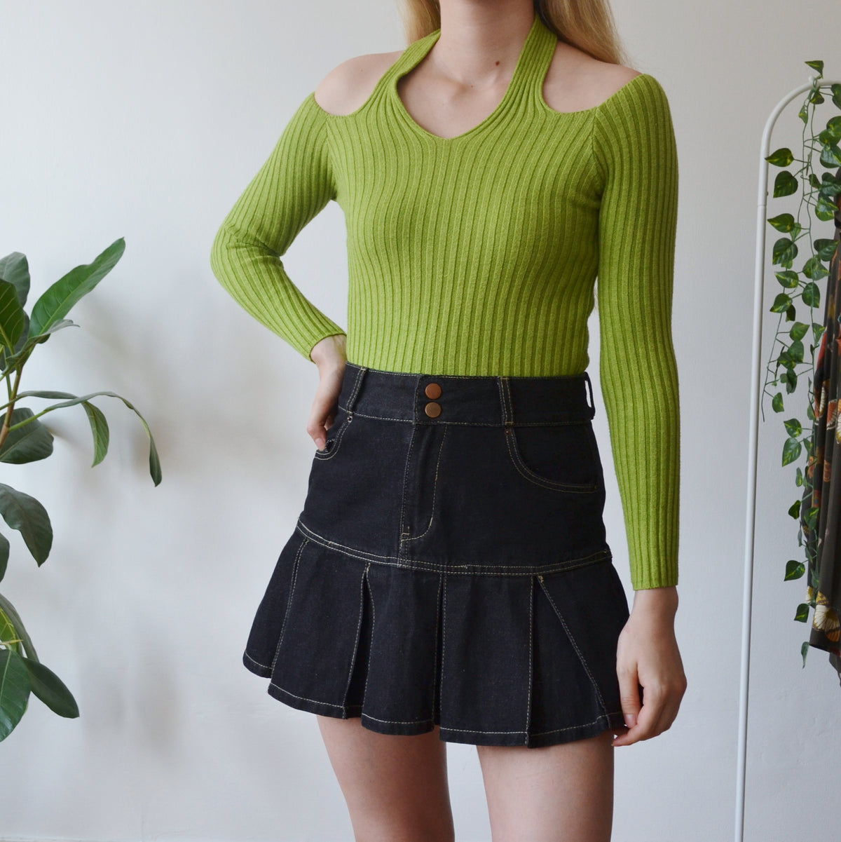 Vintage Green Halter Neck Knitted Top S