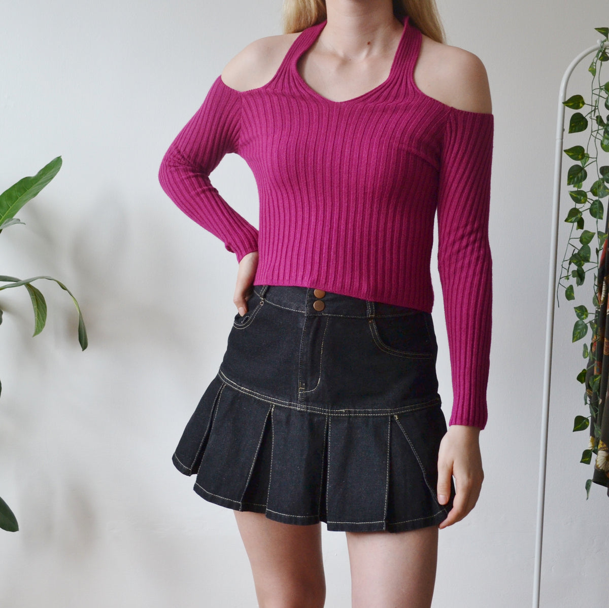 Vintage Pink Halter Neck Knitted Top XS