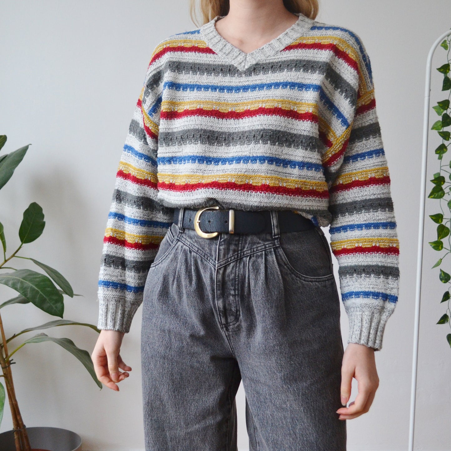 Vintage Stripe V Neck Jumper M