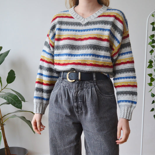Vintage Stripe V Neck Jumper M