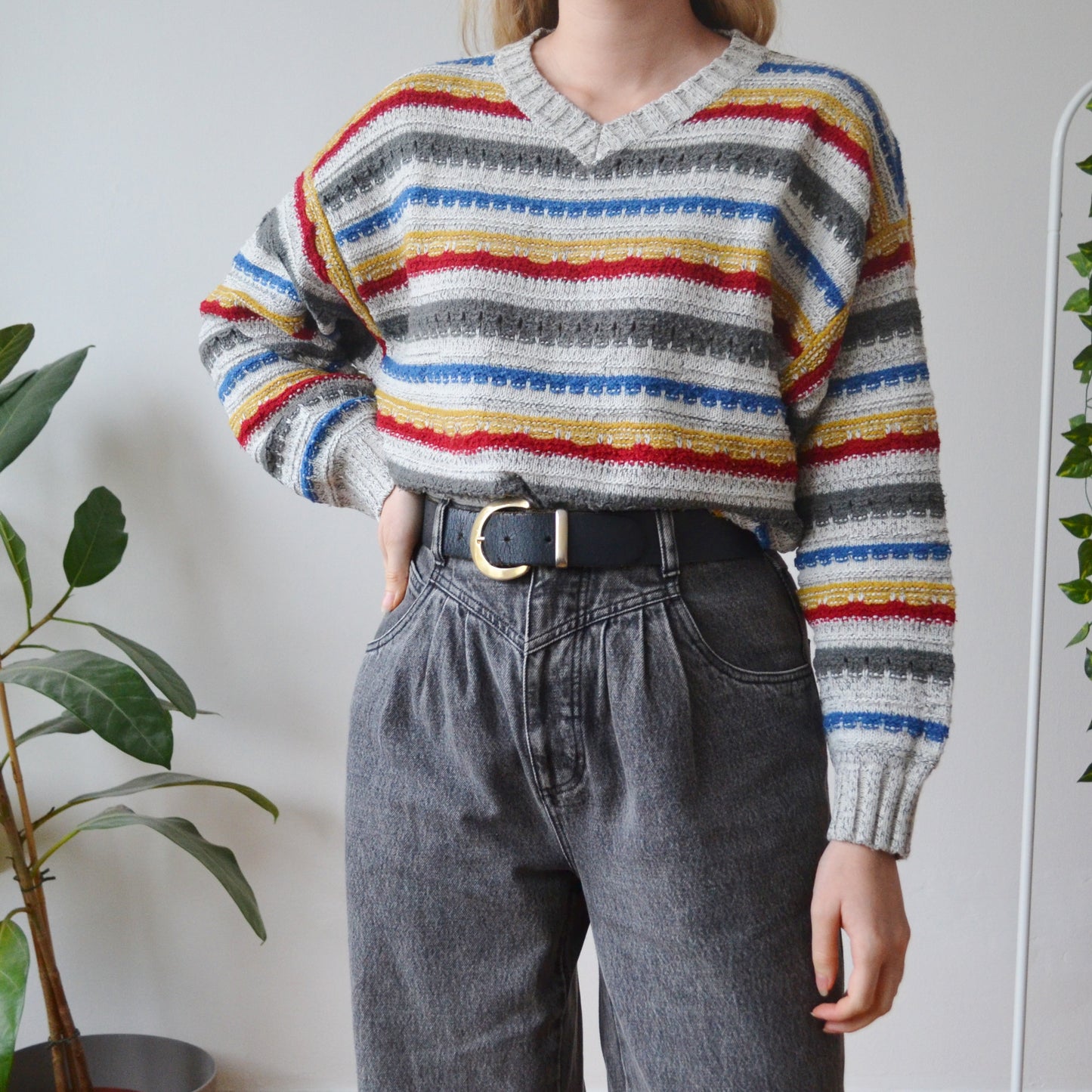 Vintage Stripe V Neck Jumper M