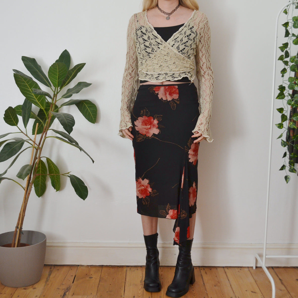 Vintage Floral Midi Skirt S
