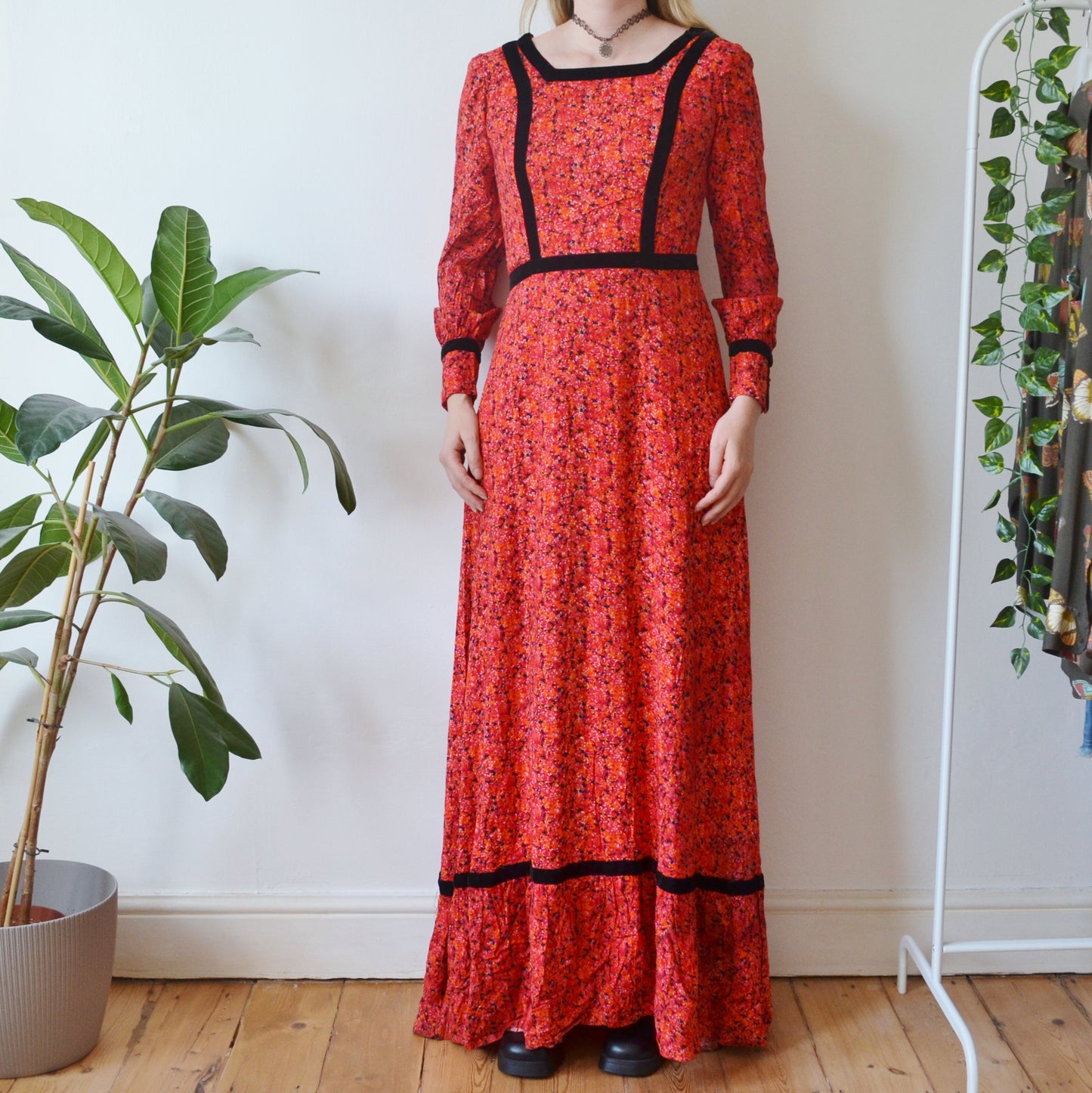 Vintage 70s Velvet Trim Cotton Maxi Dress S