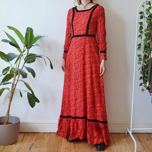 Vintage 70s Velvet Trim Cotton Maxi Dress S