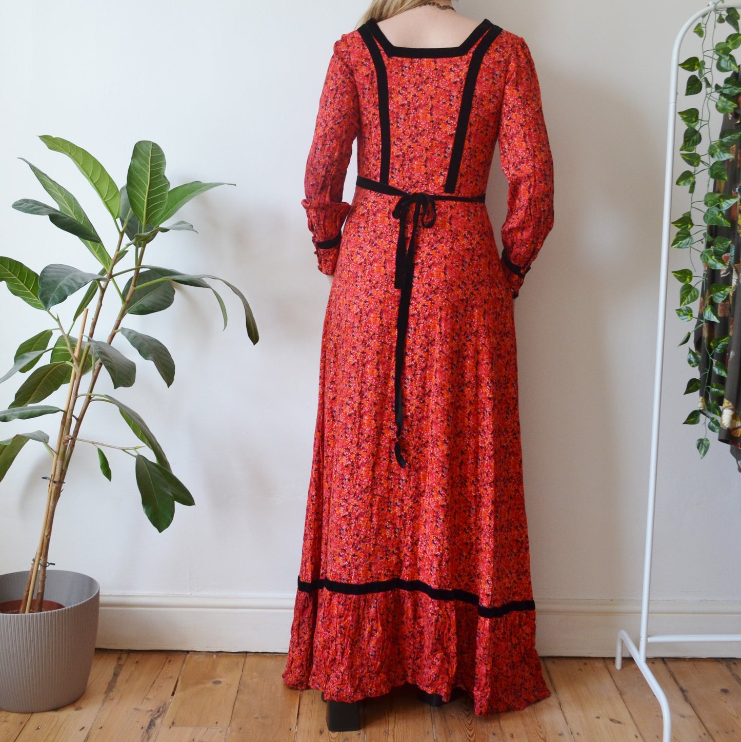 Vintage 70s Velvet Trim Cotton Maxi Dress S