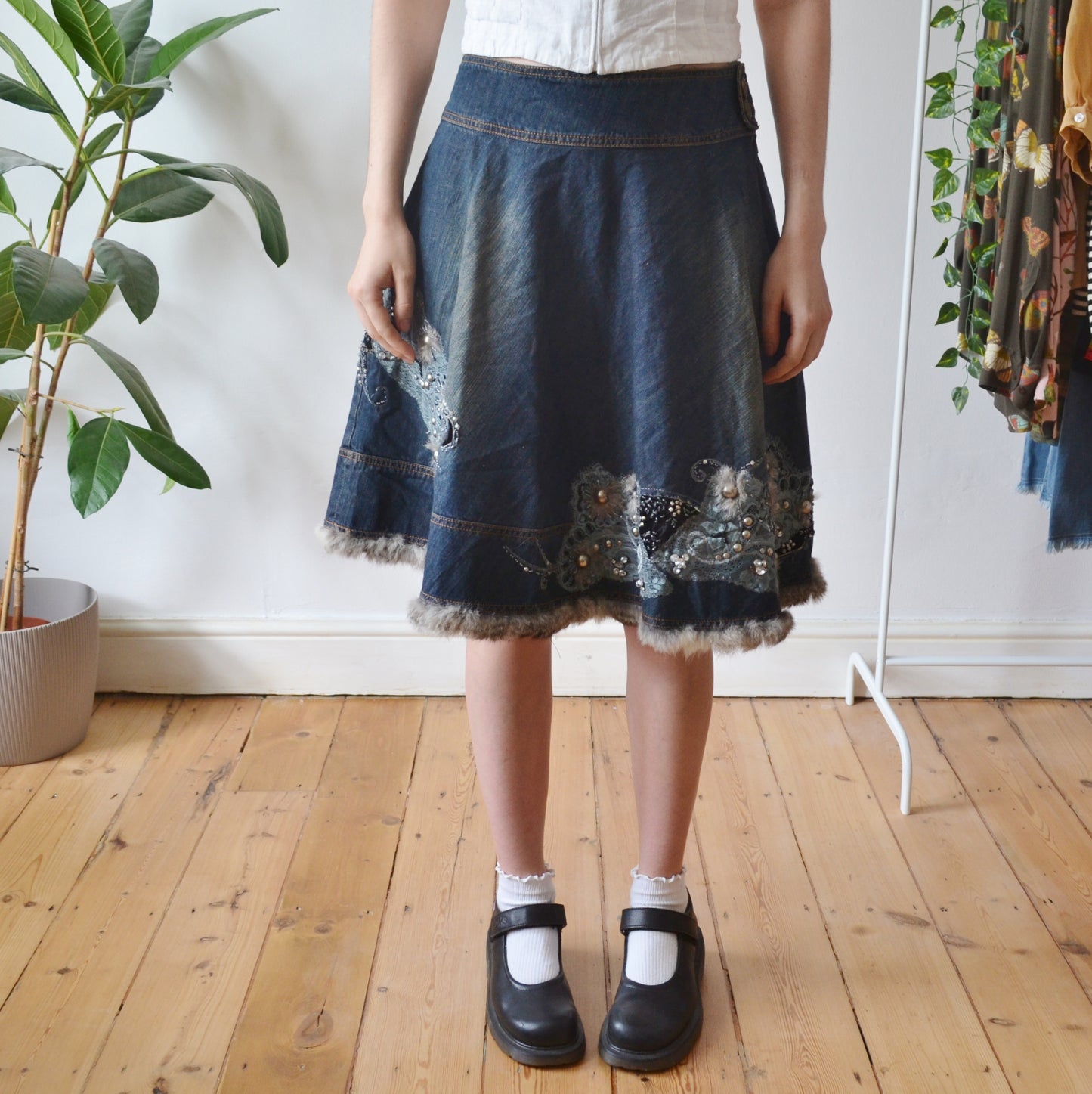Vintage Embellished Denim Skirt L