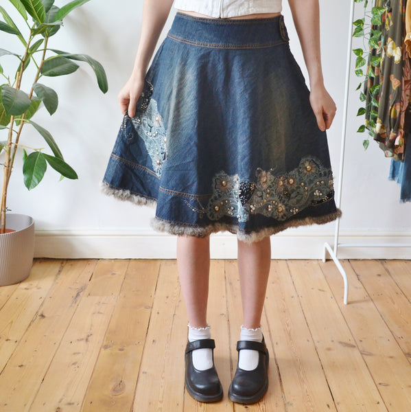 Vintage Embellished Denim Skirt L