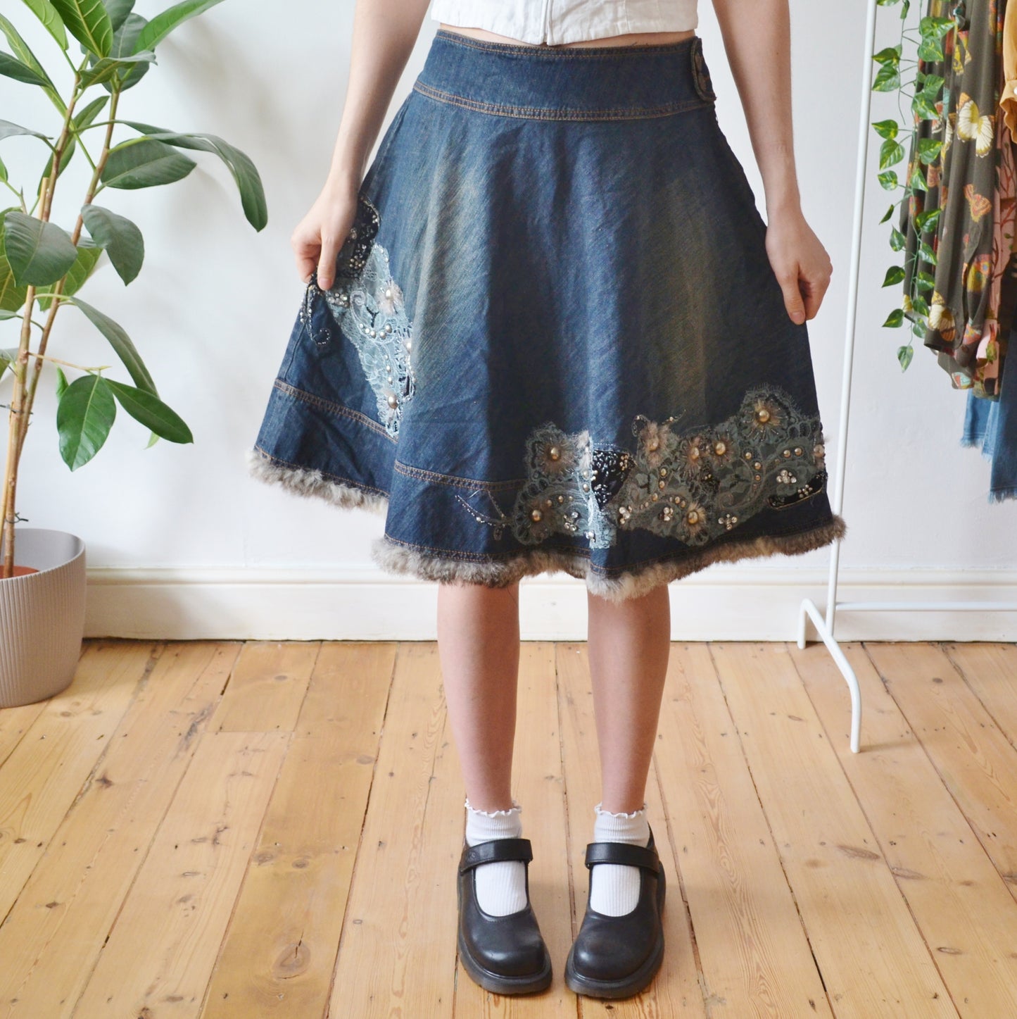 Vintage Embellished Denim Skirt L