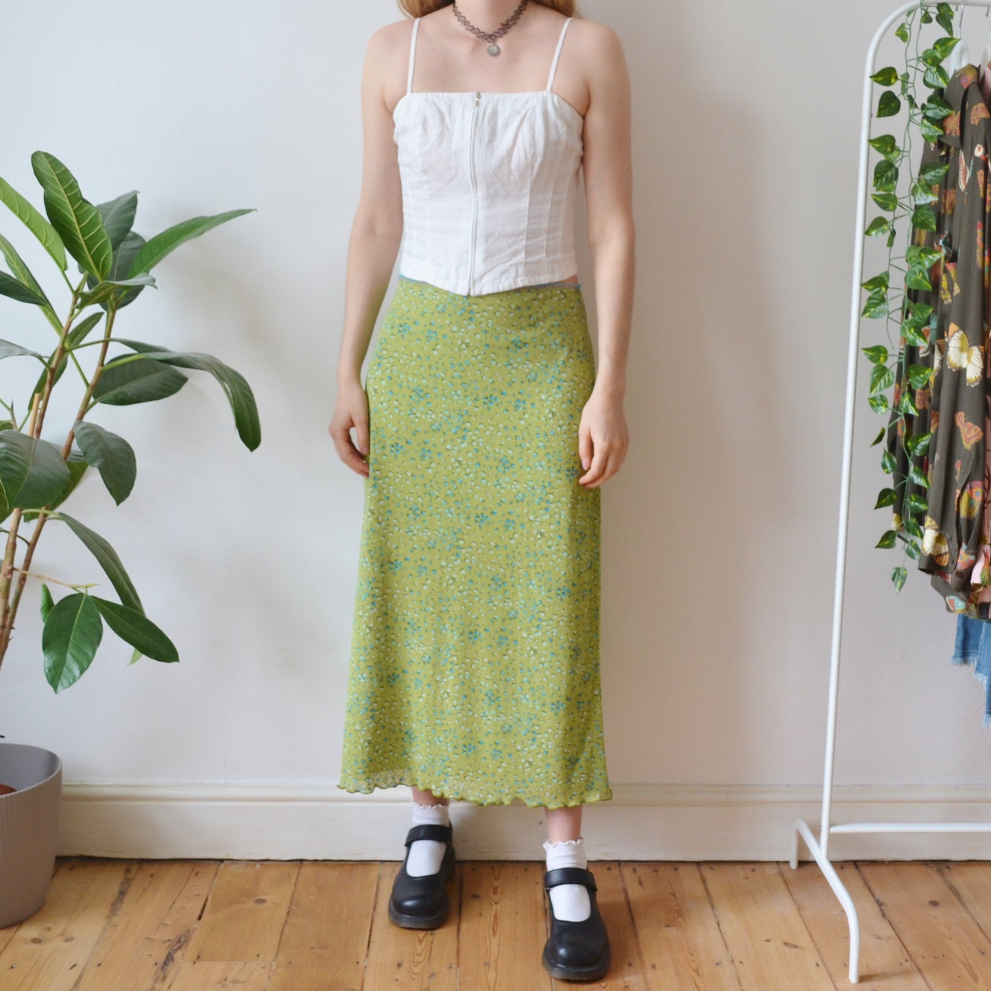 Vintage Green Floral Maxi Skirt XL