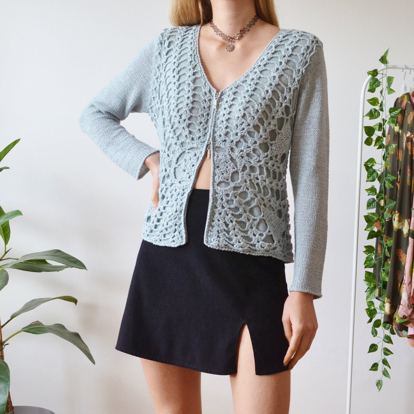 Blue zip up cardigan M