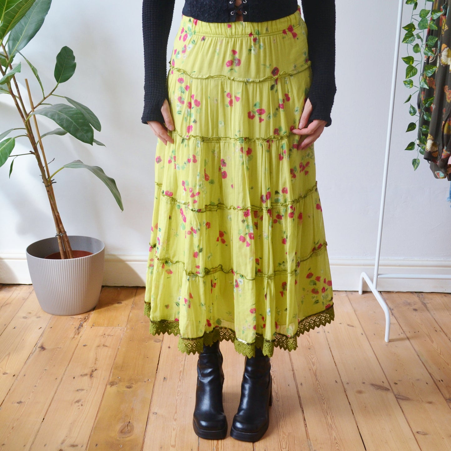 Vintage Green Floral Maxi Skirt XS