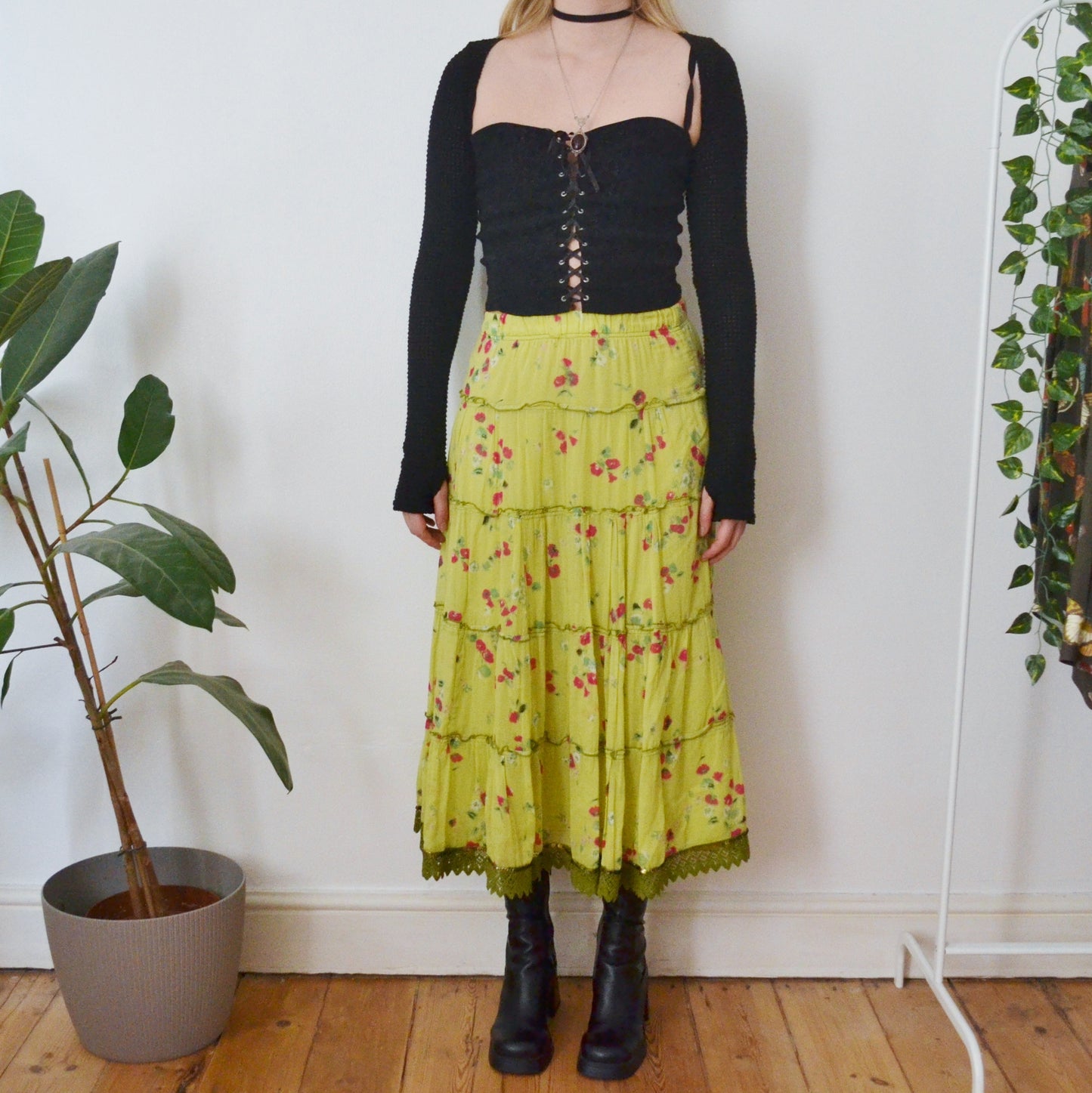 Vintage Green Floral Maxi Skirt XS