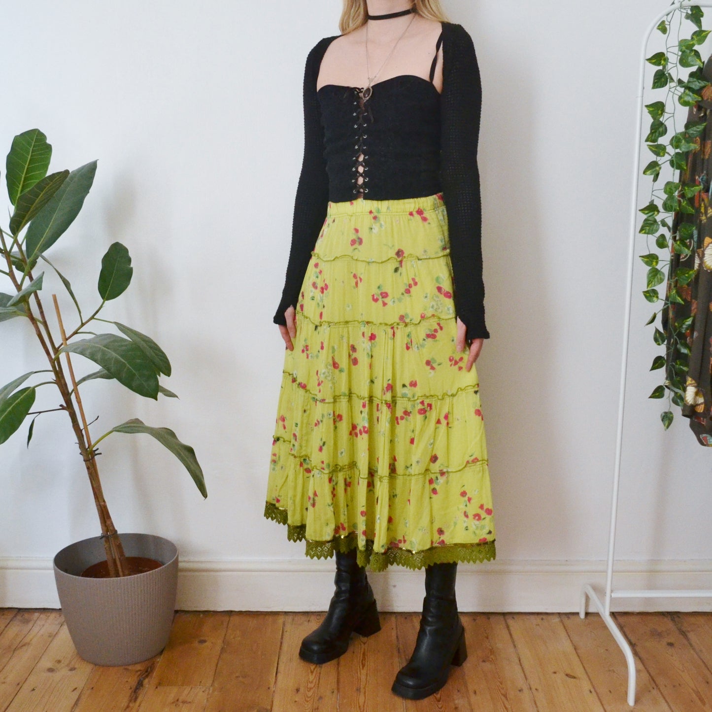 Vintage Green Floral Maxi Skirt XS