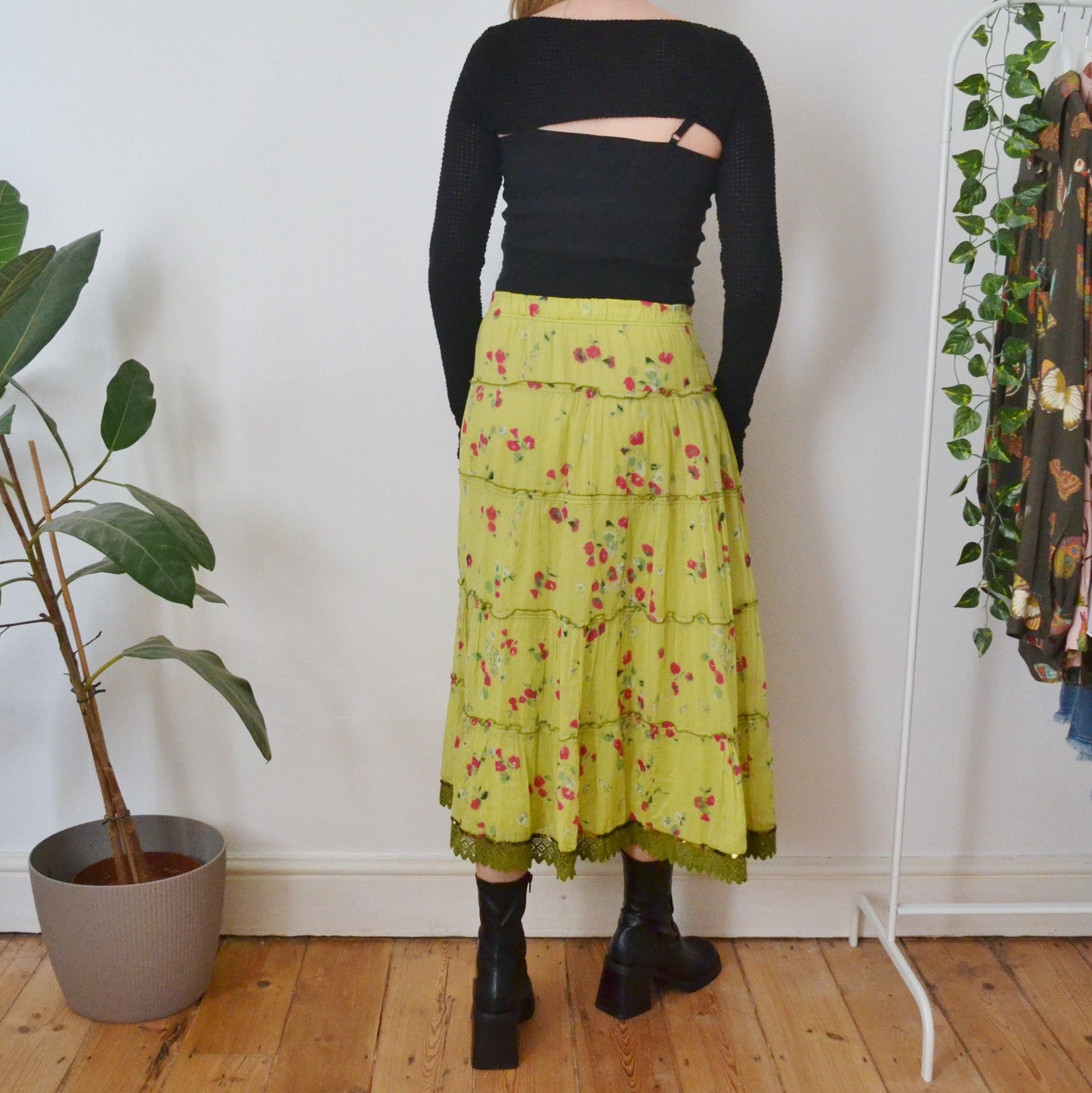 Vintage Green Floral Maxi Skirt XS