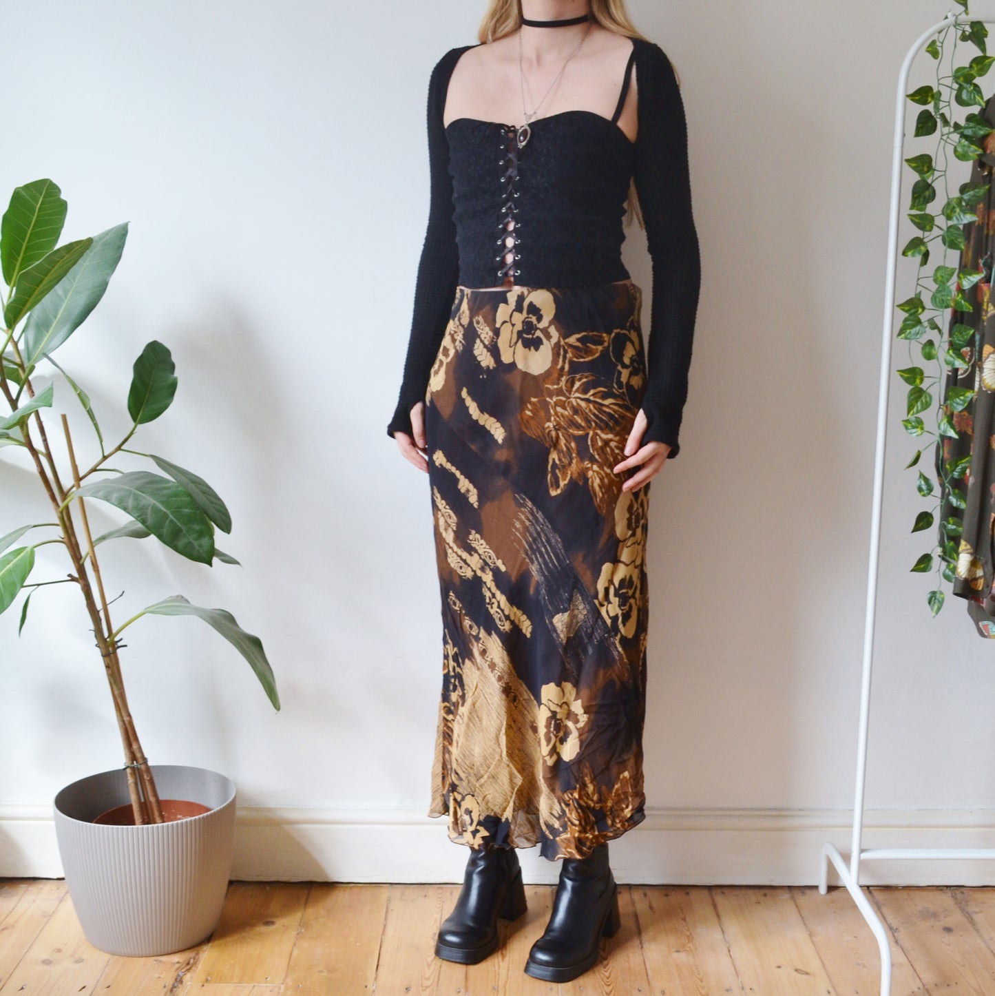 Vintage Brown Floral Maxi Skirt XL