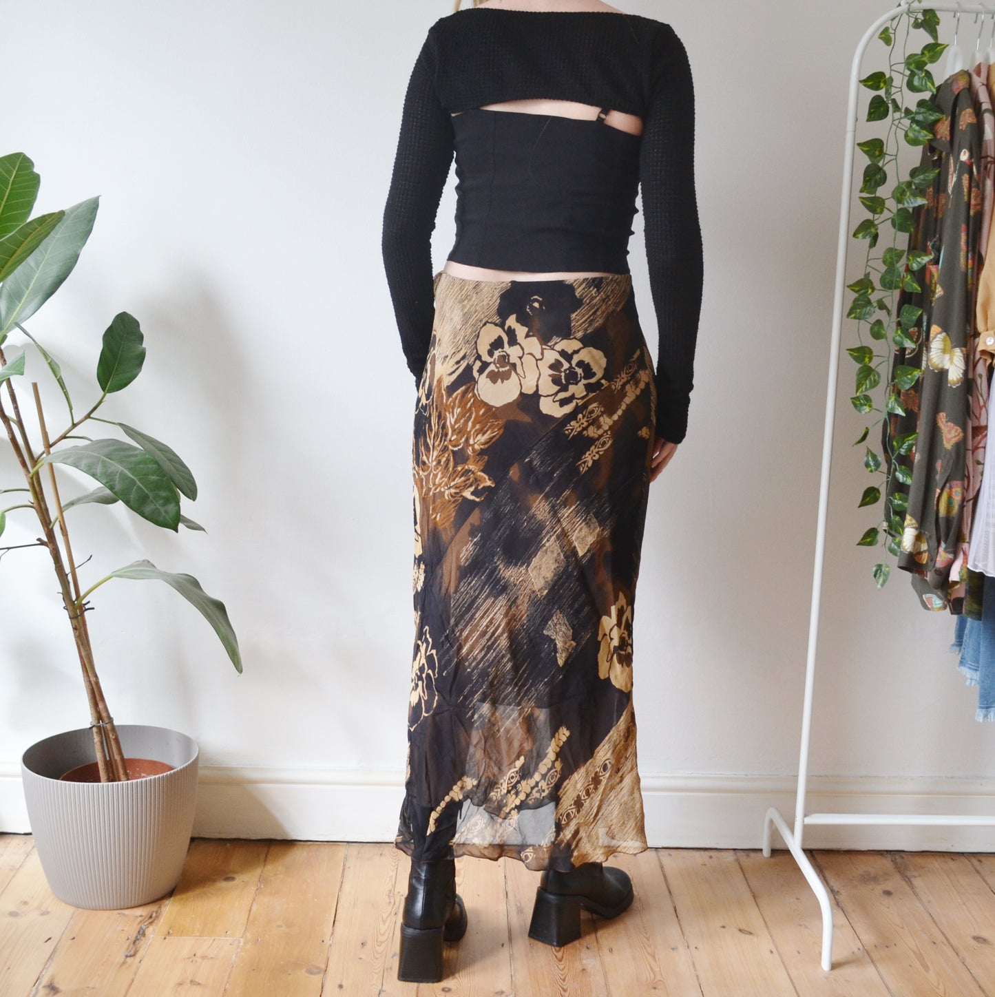 Vintage Brown Floral Maxi Skirt XL