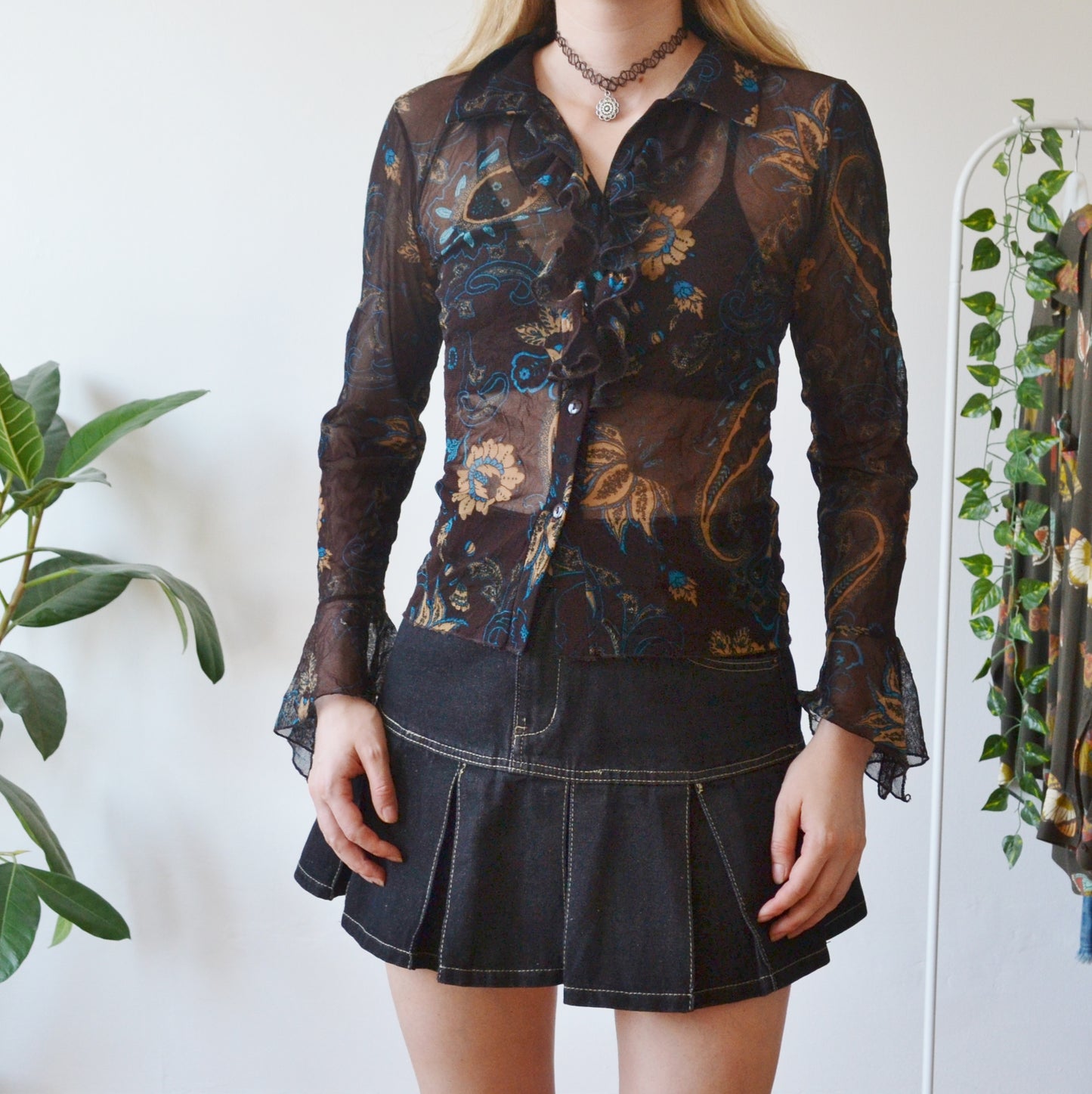 Vintage Floral Mesh Blouse M