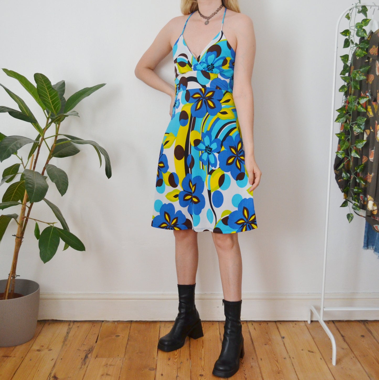 Vintage Floral Halter Neck Dress S