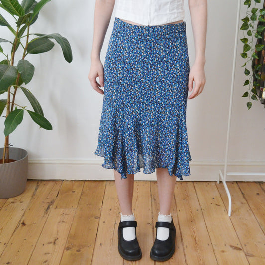 Vintage Blue Floral Skirt L