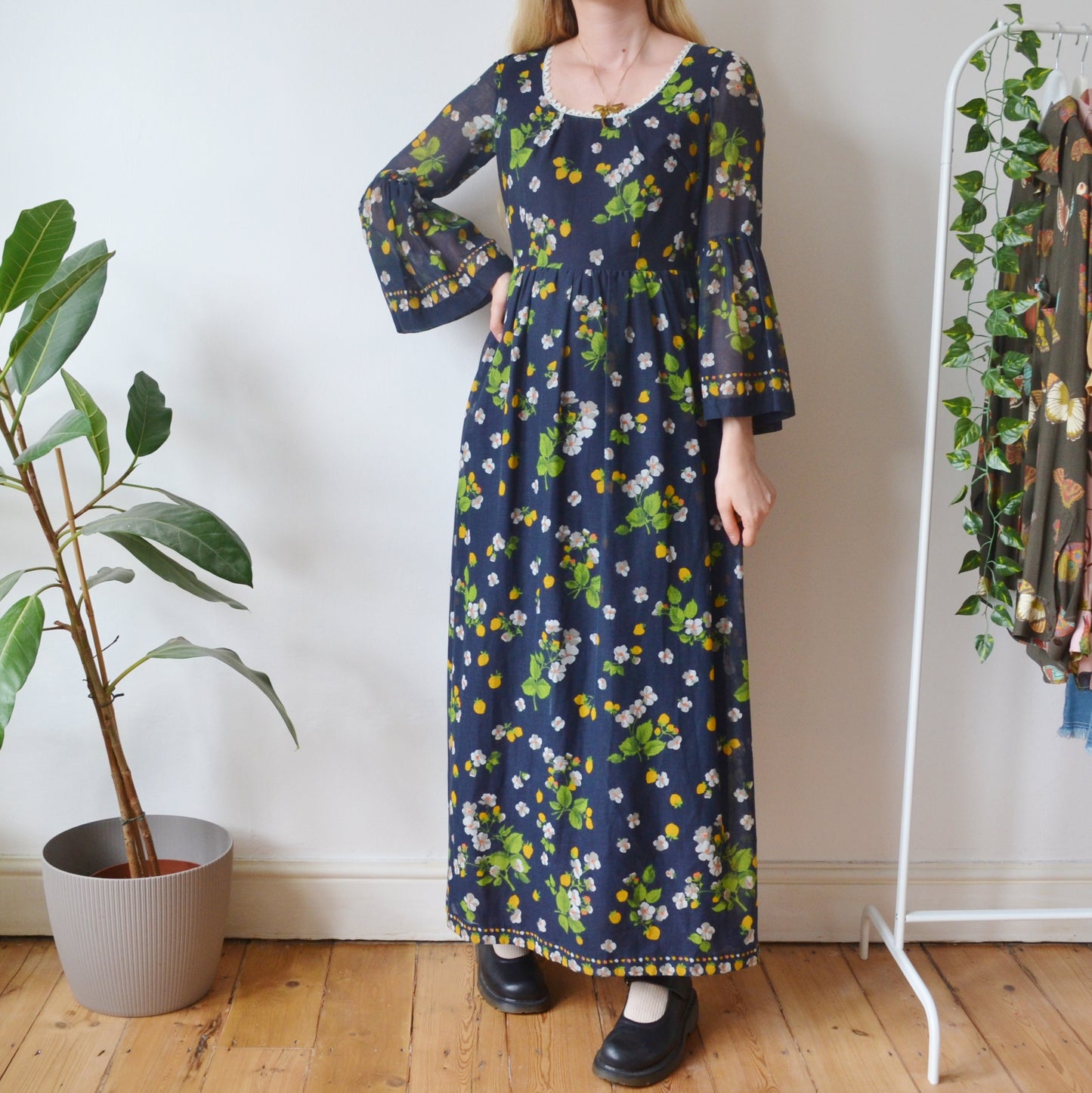 Vintage 70s Lemon Maxi Dress S