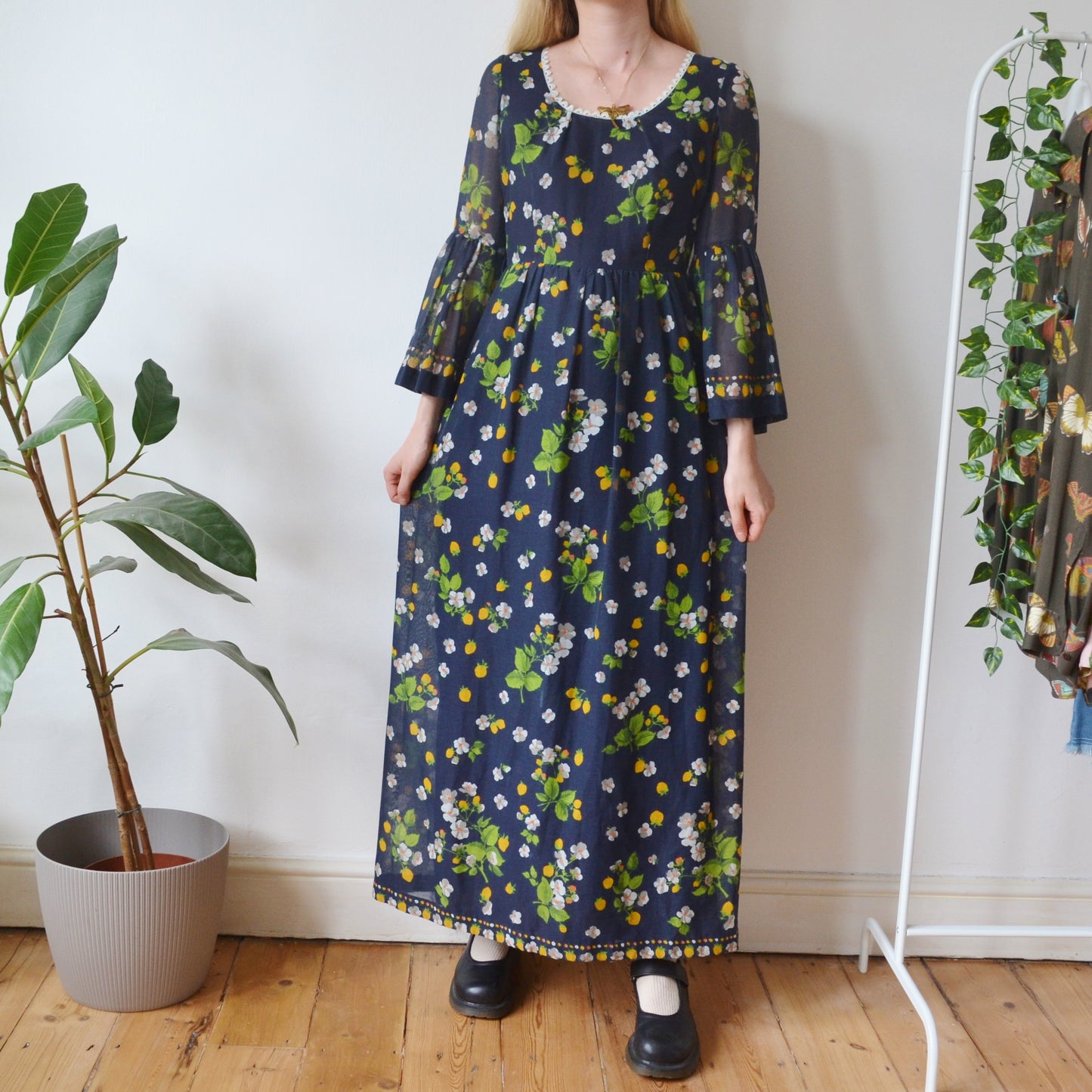 Vintage 70s Lemon Maxi Dress S