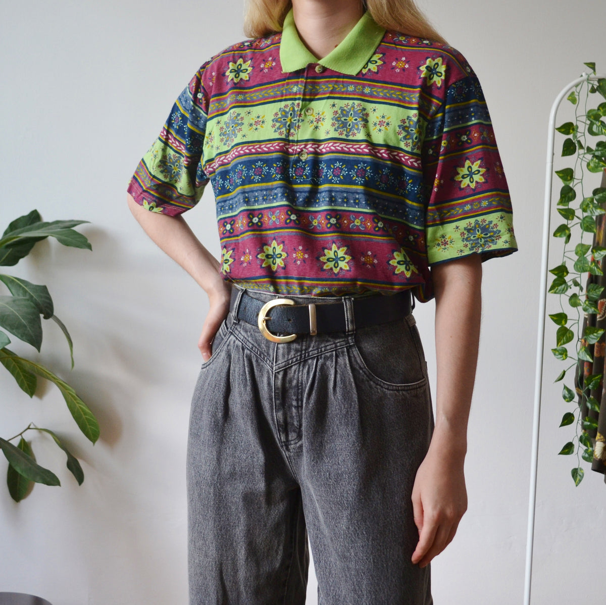 Vintage Floral Polo Top M