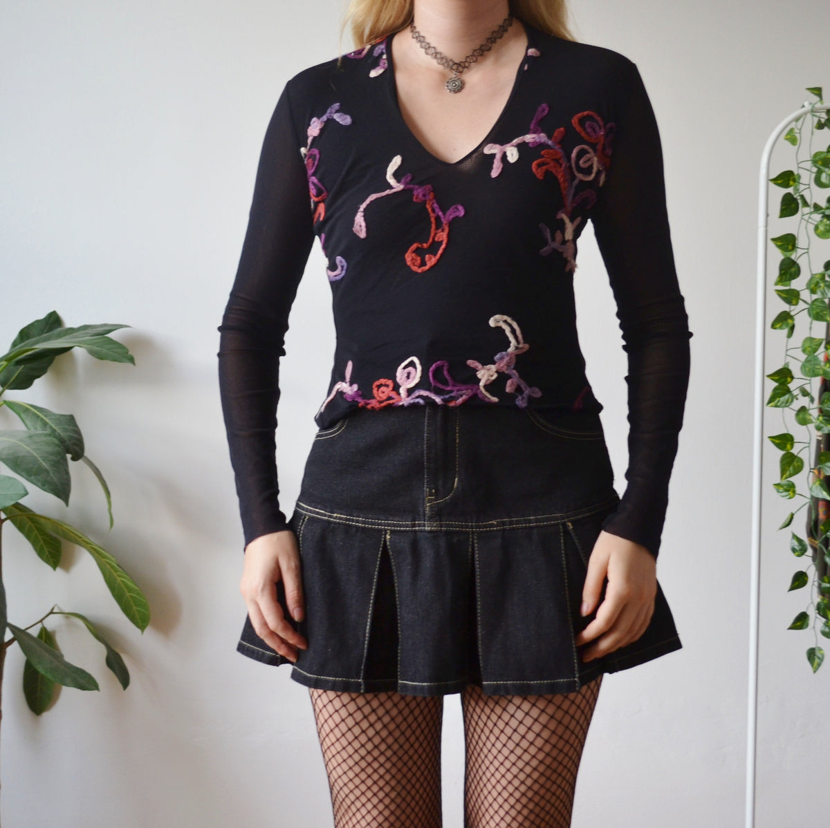 Vintage Black Embellished Mesh Top S