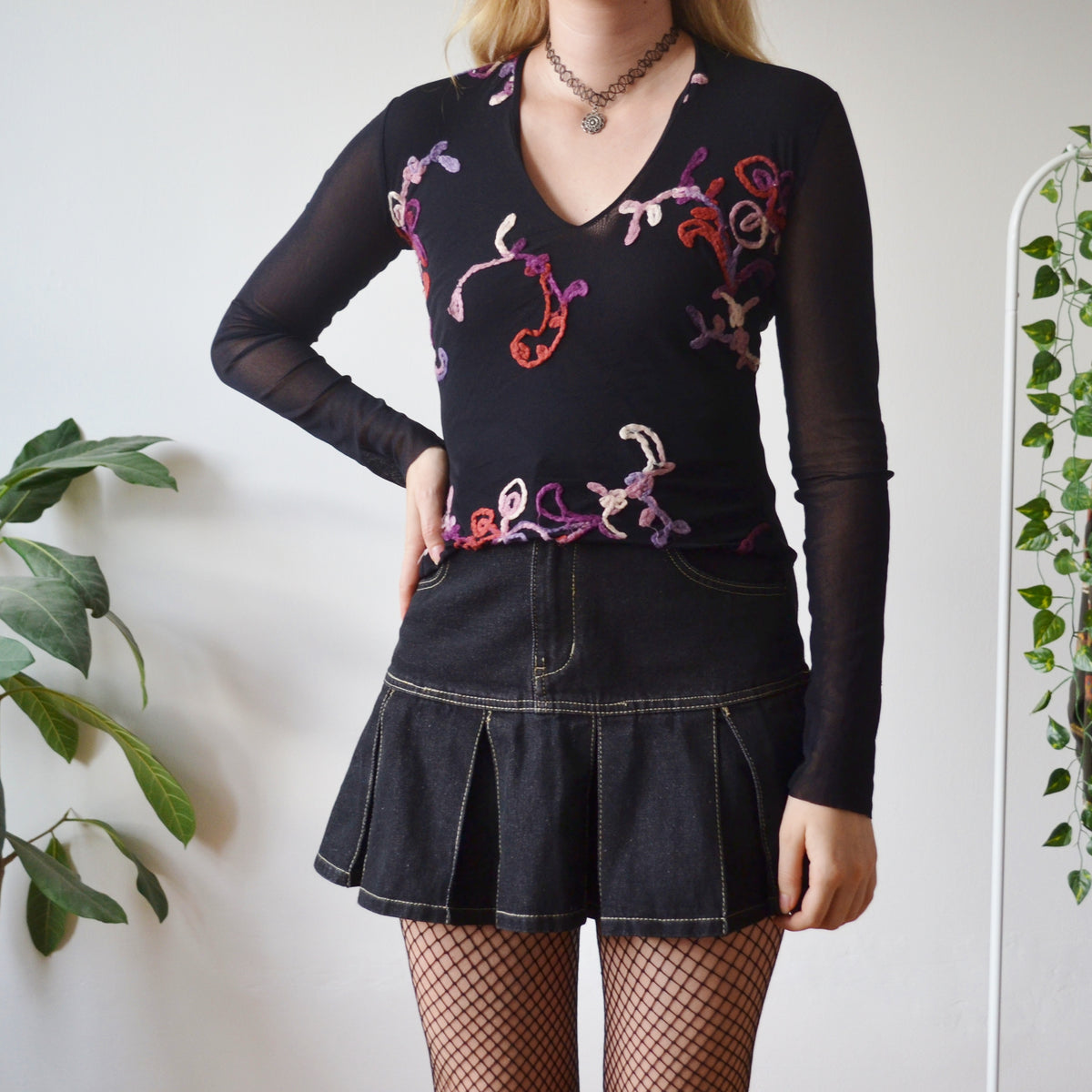 Vintage Black Embellished Mesh Top S