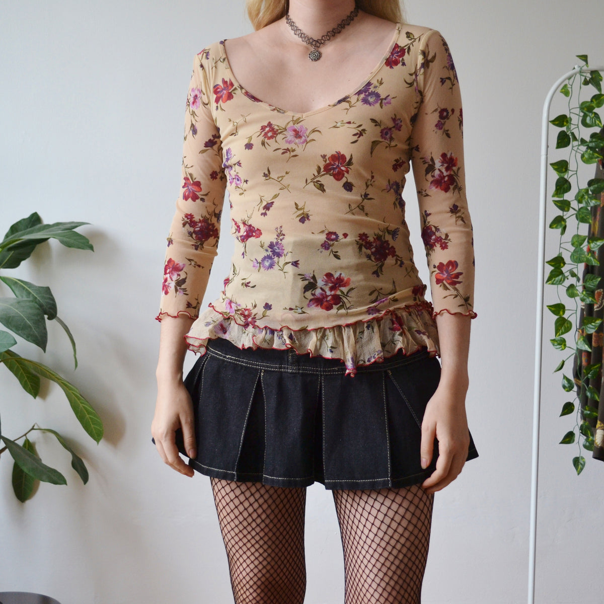 Vintage Floral Mesh Top S