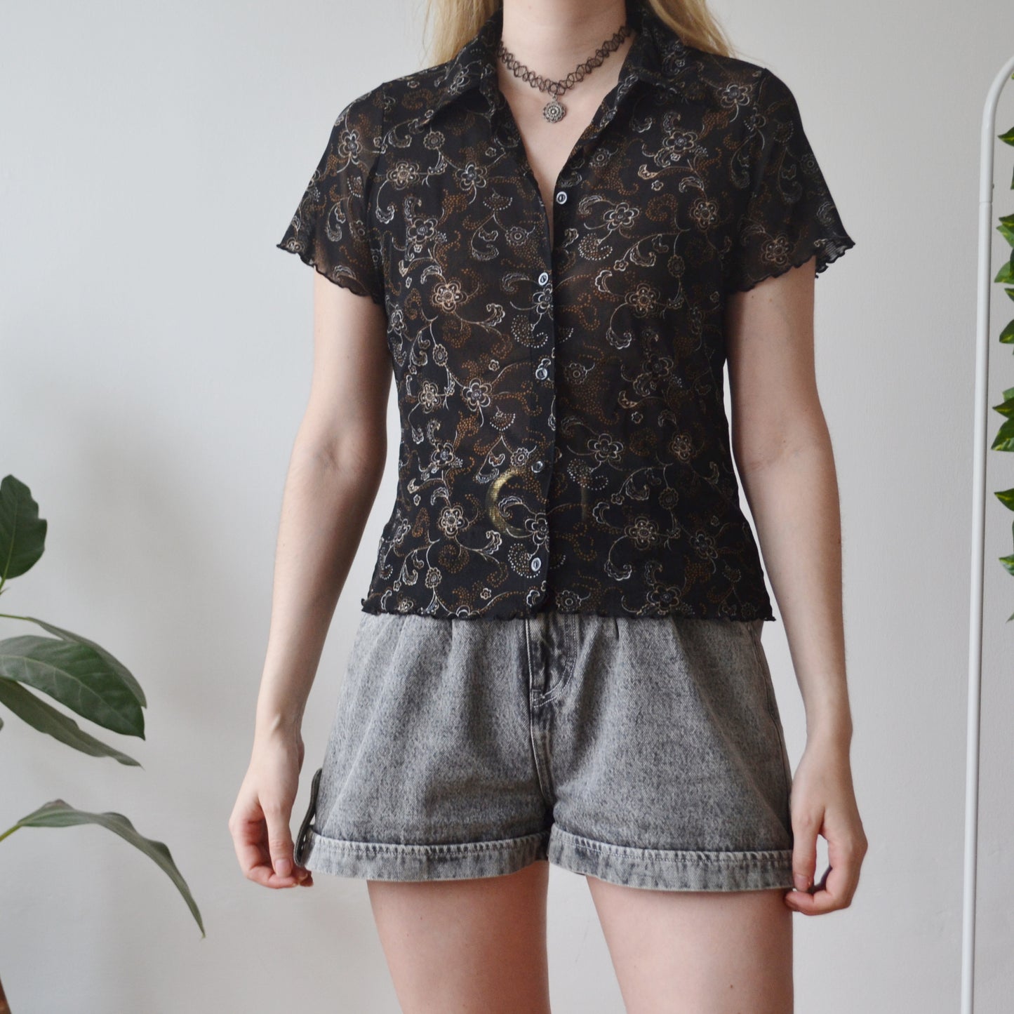 Vintage Floral Mesh Blouse M