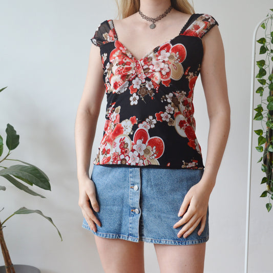 Vintage Floral Mesh Top M