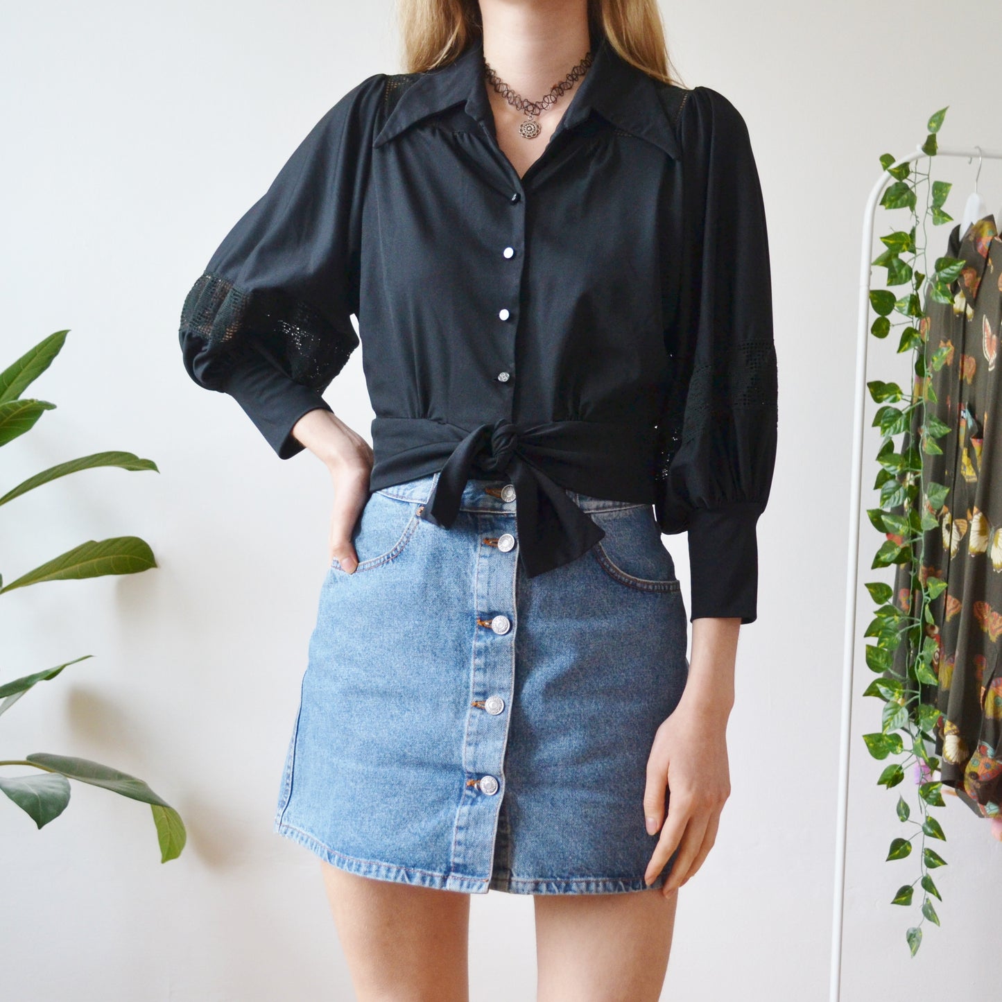 Black tie up blouse S